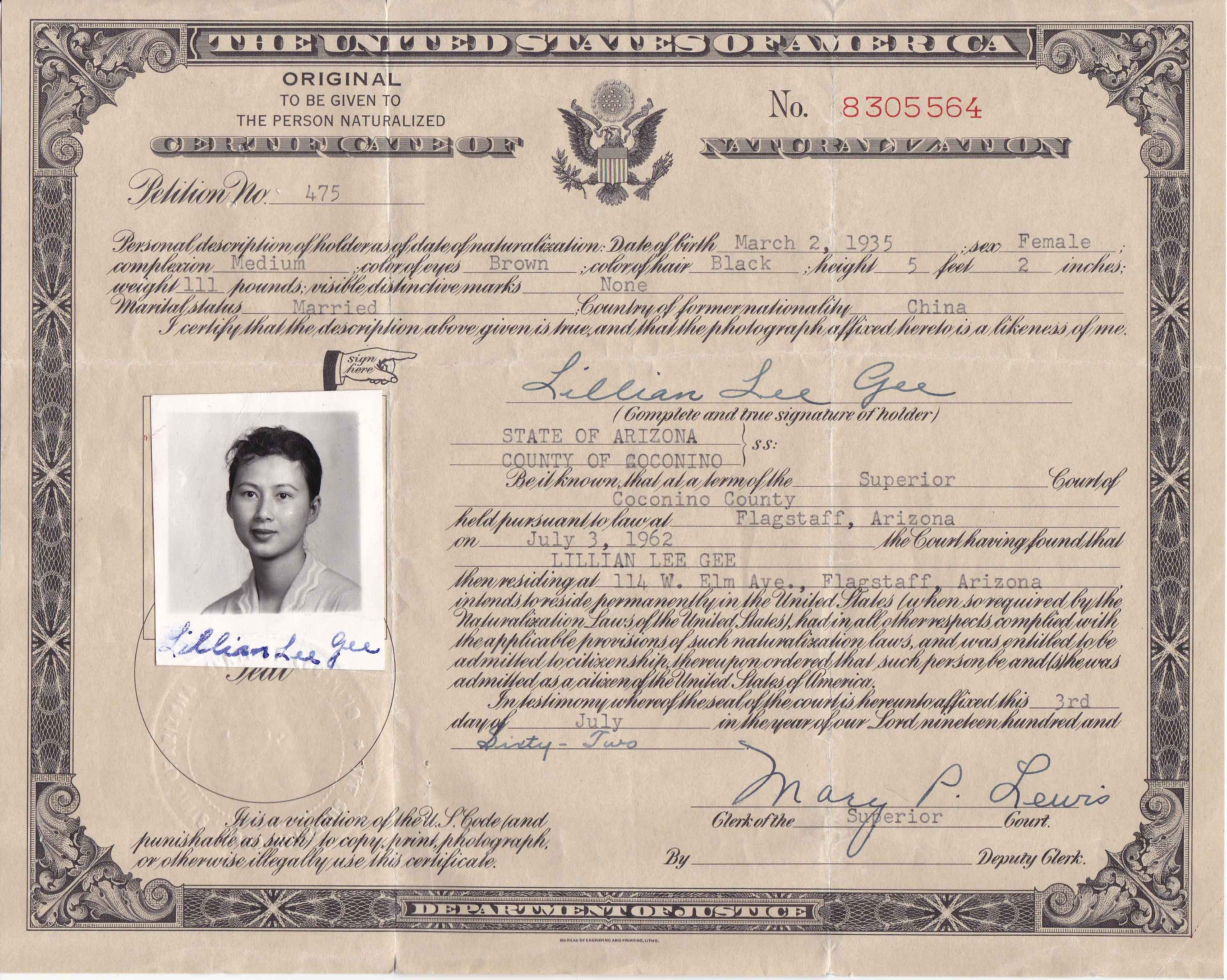 Lillian's Naturalization Papers